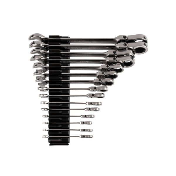 15pc Flex Head 12-Point Ratcheting Combination Wrench Set w/ Modular Wrench Organizer (1/4-1 in)